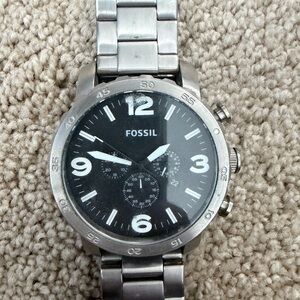 Fossil Black Dial Silver Band Watch